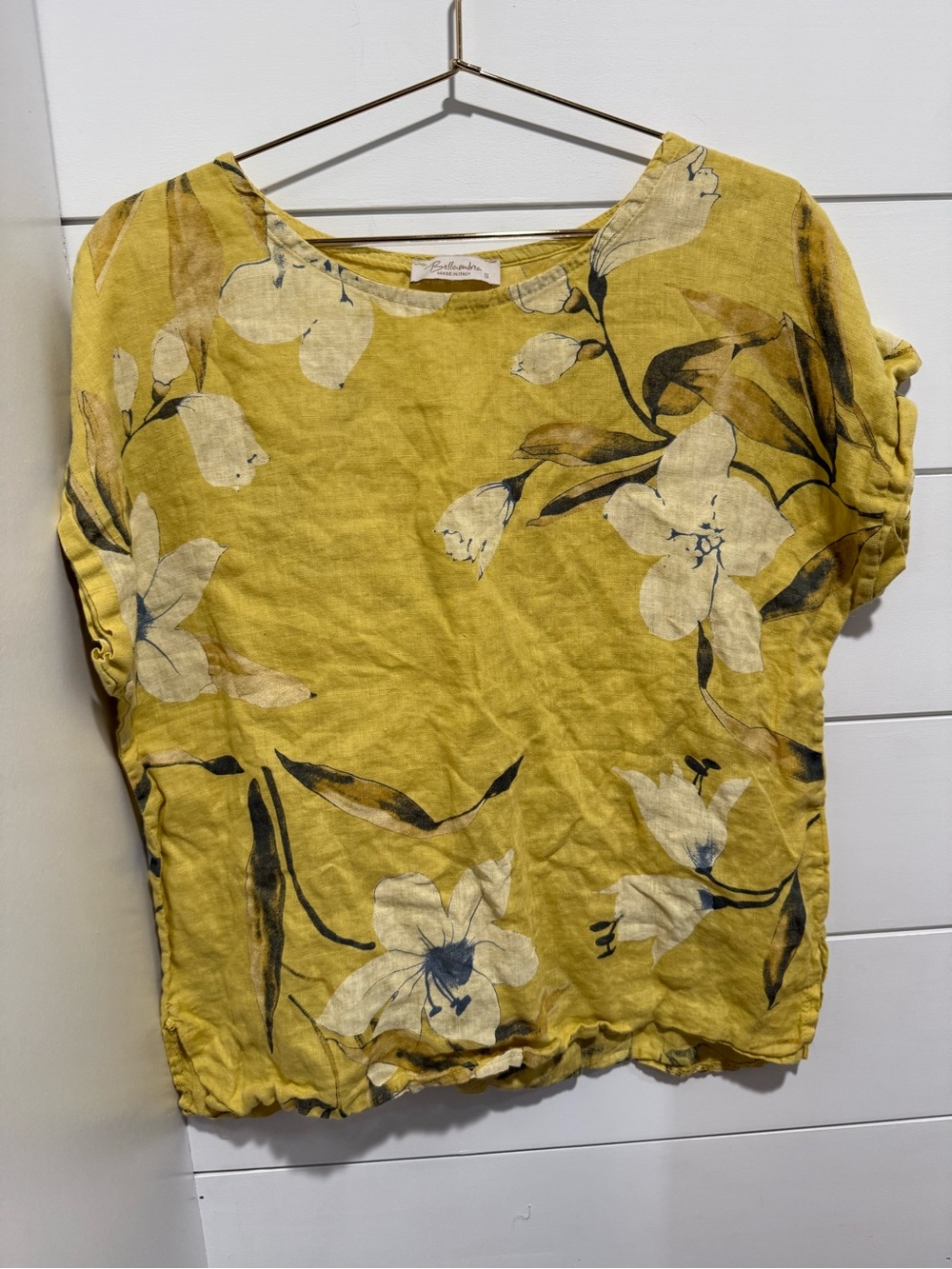Women's Mustard Floral Short-Sleeve Linen Blouse